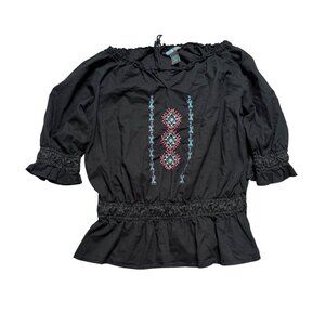 CG Sport Black XL Embroidered Peasant Top & Smocked lace Hem Peplum Whimsigoth